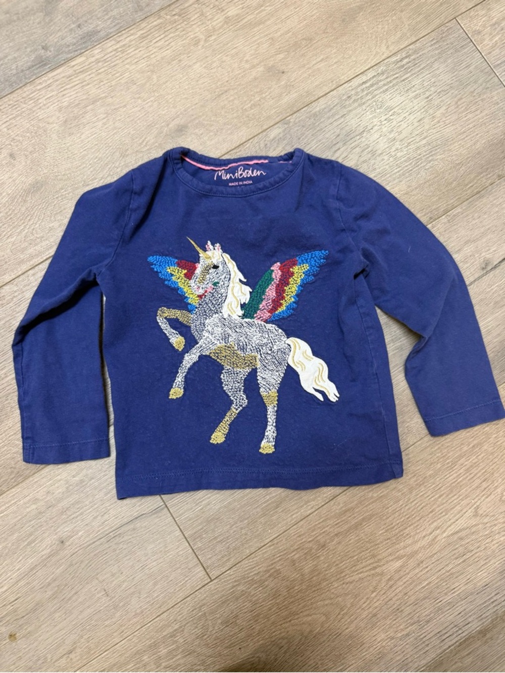 Mini Boden Navy Long-Sleeve Tee with Rainbow Sequin Unicorn